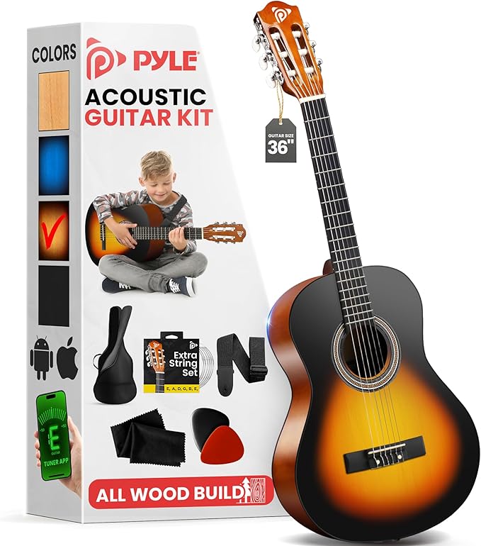 Pyle Beginner Acoustic Guitar Kit, 3/4 Junior Size All Wood Instrument for Kids, Adults, 36" Sunburst Teardrop Matte
