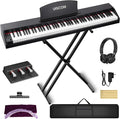 88 Key Digital Piano Keyboard for Beginners - Full Size Semi Weighted Wooden Electric Piano Set with Stand, Triple Pedal, Headphone,Carry Bag - Supports USB-MIDI Connecting (Wood Grain Black)
