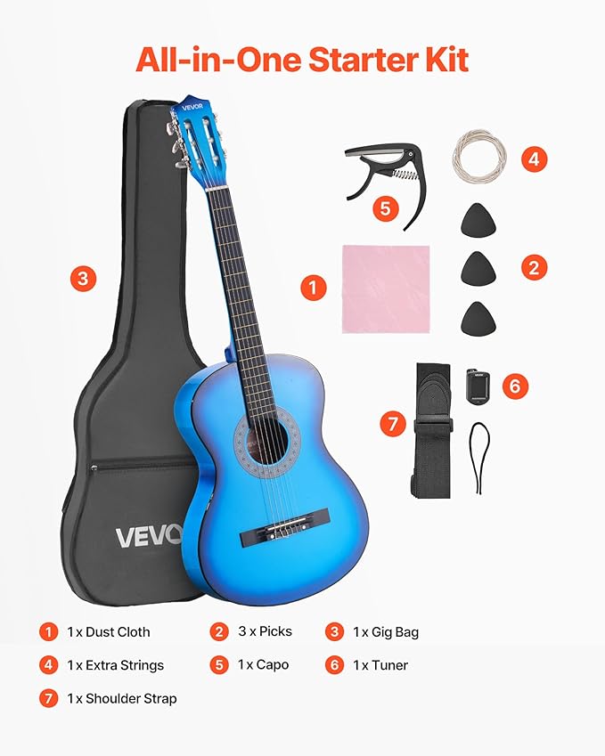 VEVOR Acoustic Guitar, Classical Guitar Starter Kit for Beginners, with Nylon Strings, Basswood Guitar, for Kids Adults Girls Boys Students
