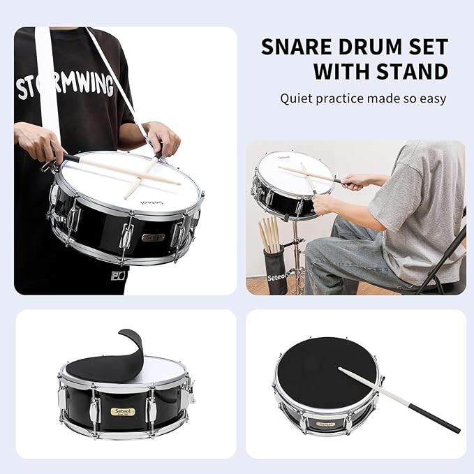 Snare Drum Set, 14" x 5.5" Marching Snare Drum with Stand & Storage Padded Bag + Silent Mute Pad + Drums Sticks + Drumstick Holder + Drums Key + Damper Gels for Adults Kids Beginners (Black)
