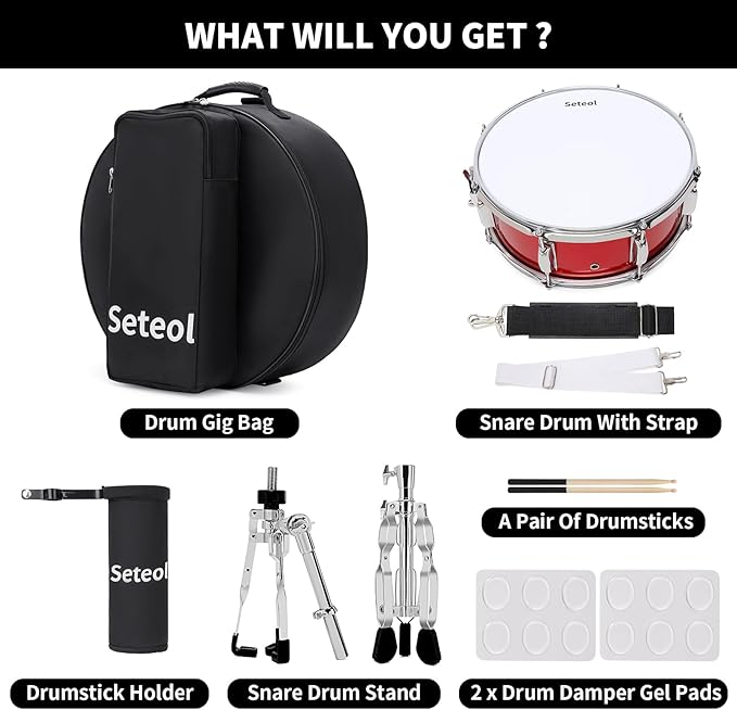 Snare Drum Set, 14" x 5.5" Marching Snare Drum with Stand & Storage Padded Bag + Silent Mute Pad + Drums Sticks + Drumstick Holder + Drums Key + Damper Gels for Adults Kids Beginners (Red)