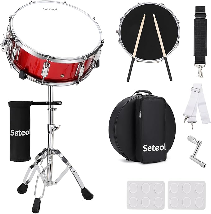 Snare Drum Set, 14" x 5.5" Marching Snare Drum with Stand & Storage Padded Bag + Silent Mute Pad + Drums Sticks + Drumstick Holder + Drums Key + Damper Gels for Adults Kids Beginners (Red)