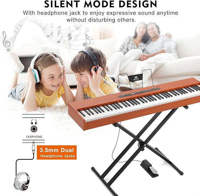 MUSTAR Digital Piano 88 Weighted Keys with Stand Touch Sensitivity, 88 Key Semi Weighted Keyboard Piano Portable Electric Piano for Beginners, Dual Stereo Speakers, Case, Sustain Pedal (Brown-MDF)
