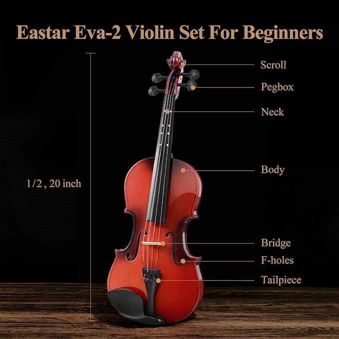 Eastar 1/2 Violin Set for Beginners, Half Size Fiddle with Hard Case, Rosin, Shoulder Rest, Bow, and Extra Strings (Imprinted Finger Guide on Fingerboard), EVA-2