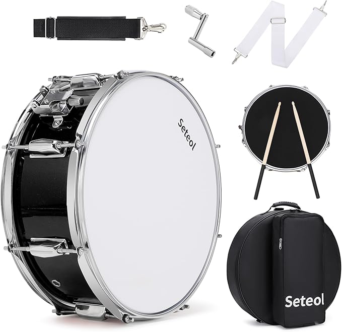 Snare Drum Kit, 14" x 5.5" Marching Snare Drum + Storage Padded Bag + Silent Mute Pad + Pair Of 5A Drumsticks + Drums Key, Portable Drums Hardware Set for Adults Kids Student Beginners (Black)