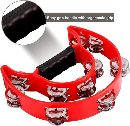 EastRock Double Row Tambourine,Metal Jingles Hand Held Percussion-Half Moon Tambourine for Kids, Adults, KTV, Party (Red)
