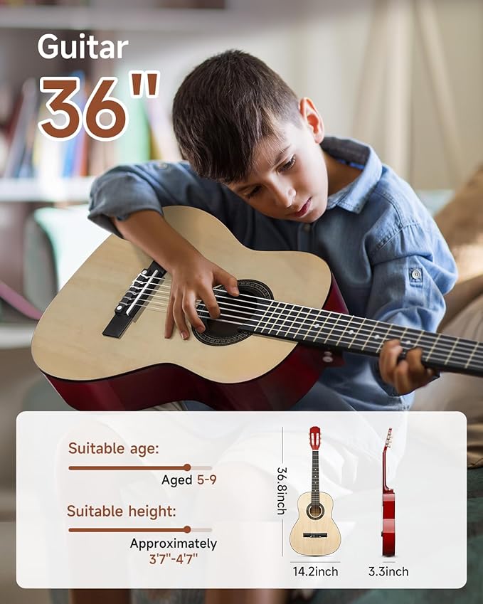 Moukey 36 Inch Acoustic Guitar for Beginners Kids Youth 3/4 Size Dreadnought Travel Guitarra Acustica Kit with Chord Poster, Gig Bag, Tuner, Picks, Nylon Strings, Capo, Strap - Natural