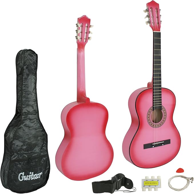 Smartxchoices 38" Acoustic Guitar Bundle with Gig Bag Strap Pitch Pipe Extra Strings Set Pick PINK 6 String for Beginners Starter Kids Girls Youths Students Right-handed (PINK)