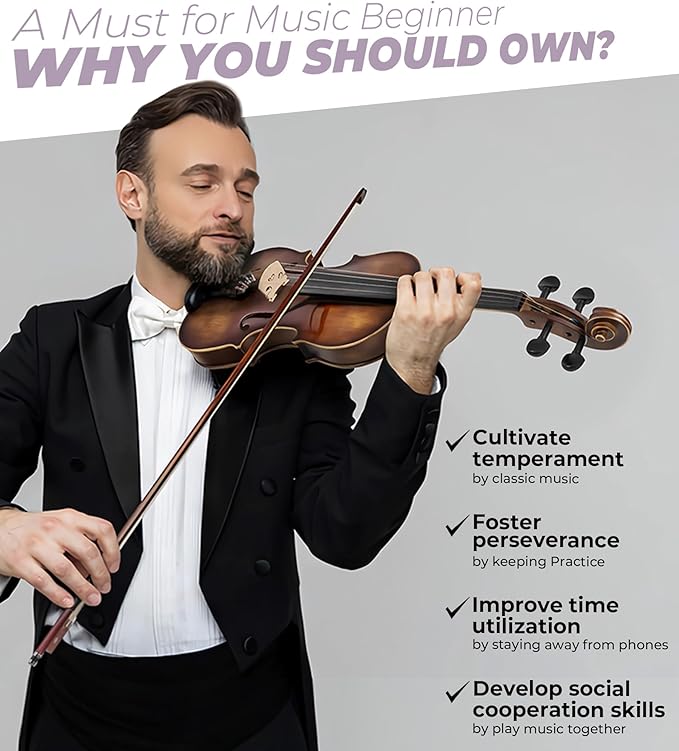 Vangoa Violin 4/4 Full Size Set, Varnish Fiddle Solid Wood for Professional Adults Senior Intermediate Beginners Student Starter Acoustic Violins Kit Outfit with Ebony Fitted, Hard Case, Right Handed