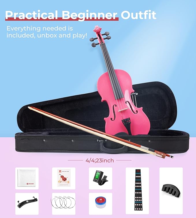 Vangoa Pink Violin 4/4 Full Size Fiddle Set, Acoustic Violin for Women Beginners Adults Teens Girls Kids 9-12, Starter Violin Kit with Hard Case, Premium Accessory Outfit