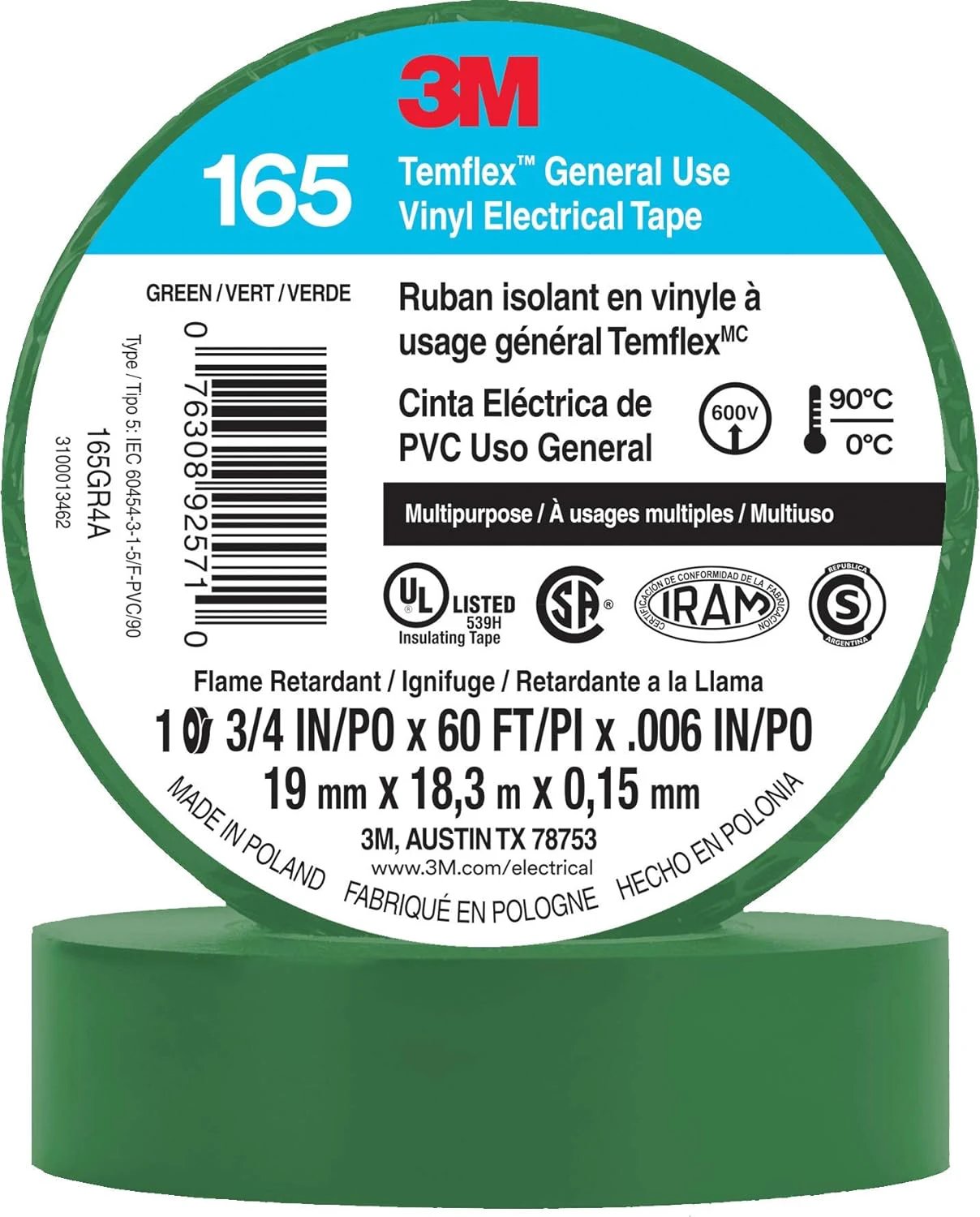 3M Temflex Electrical Tape 165, 3/4 In x 60 ft