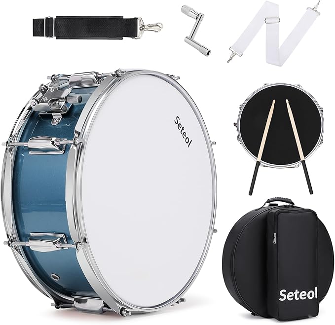 Snare Drum Kit, 14" x 5.5" Marching Snare Drum + Storage Padded Bag + Silent Mute Pad + A Pair Of 5A Drumsticks + Drums Key, Portable Drums Hardware Set for Adults Kids Student Beginners (Blue)