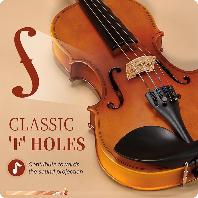 Fesley Violin Fiddle Beginner Set: 3/4 Matt Violin Kit for Student, Acoustic Violin with Hard Case, Solidwood Hand Made Starter Kit with Bow, Rosin, Shoulder Rest, Tuner, Extra Strings