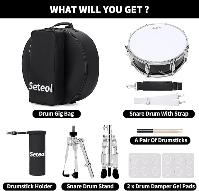 Snare Drum Set, 14" x 5.5" Marching Snare Drum with Stand & Storage Padded Bag + Silent Mute Pad + Drums Sticks + Drumstick Holder + Drums Key + Damper Gels for Adults Kids Beginners (Black)