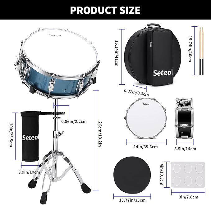 Snare Drum Set, 14" x 5.5" Marching Snare Drum with Stand & Storage Padded Bag + Silent Mute Pad + Drums Sticks + Drumstick Holder + Drums Key + Damper Gels for Adults Kids Beginners (Blue)