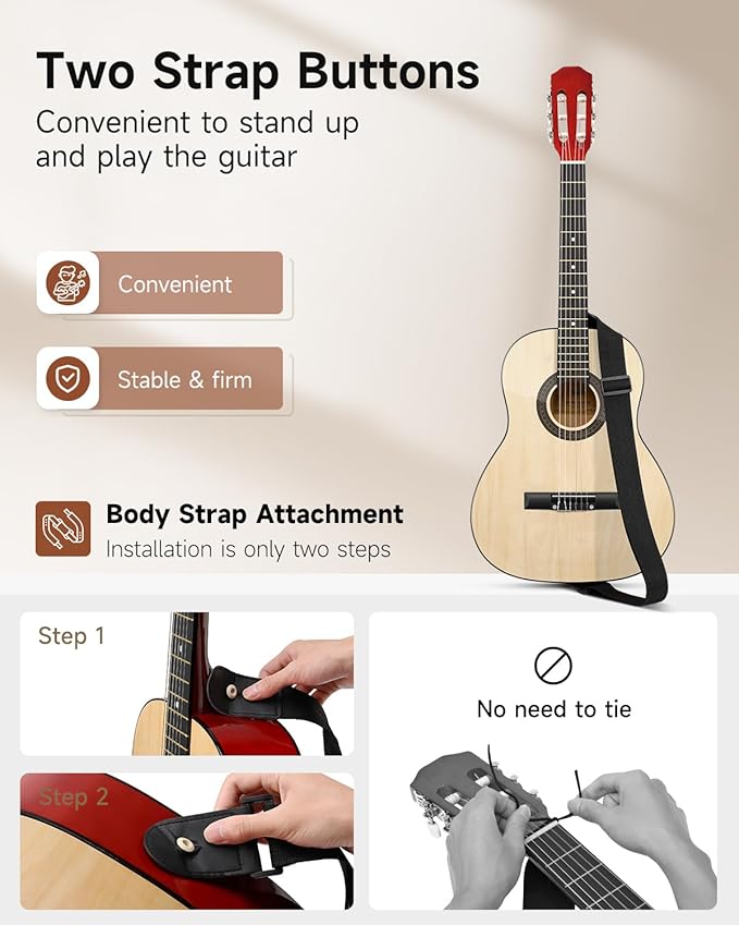 Moukey 36 Inch Acoustic Guitar for Beginners Kids Youth 3/4 Size Dreadnought Travel Guitarra Acustica Kit with Chord Poster, Gig Bag, Tuner, Picks, Nylon Strings, Capo, Strap - Natural