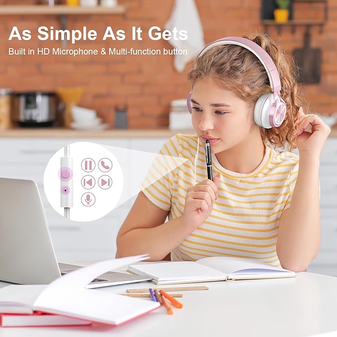 AILIHEN Kids Headphones, Headphones for School Girls Wired On-Ear Headsets with Microphone for Chromebook Laptop Computer, Foldable Adjustable Teen, Tangle-Free, 3.5mm Jack (Rose Gold)