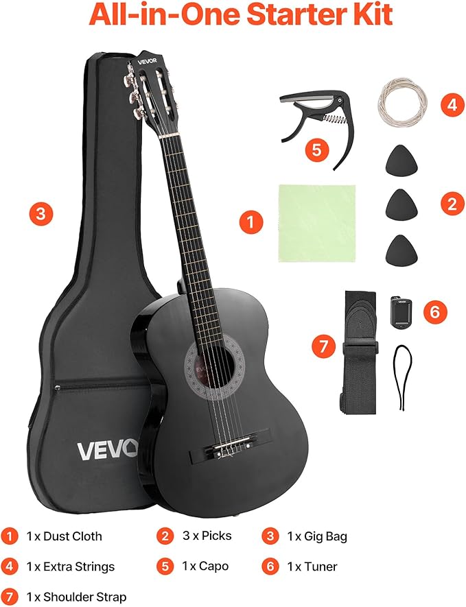 VEVOR Acoustic Guitar, Classical Guitar Starter Kit for Beginners, with Nylon Strings, Basswood Guitar, for Kids Adults Girls Boys Students