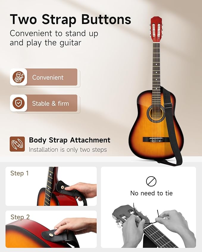 Moukey 38" Acoustic Guitar for Beginners Kids Youth Adult Dreadnought Guitarra Acustica Kit with Chord Poster, Gig Bag, Tuner, Picks, Nylon Strings, Capo, Strap - Sunburst