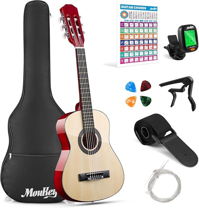 Moukey 30" Acoustic Guitar for Beginners Kids Youth 1/4 Size Dreadnought Guitarra Acustica Kit with Chord Poster, Gig Bag, Tuner, Picks, Nylon Strings, Capo, Strap - Natural