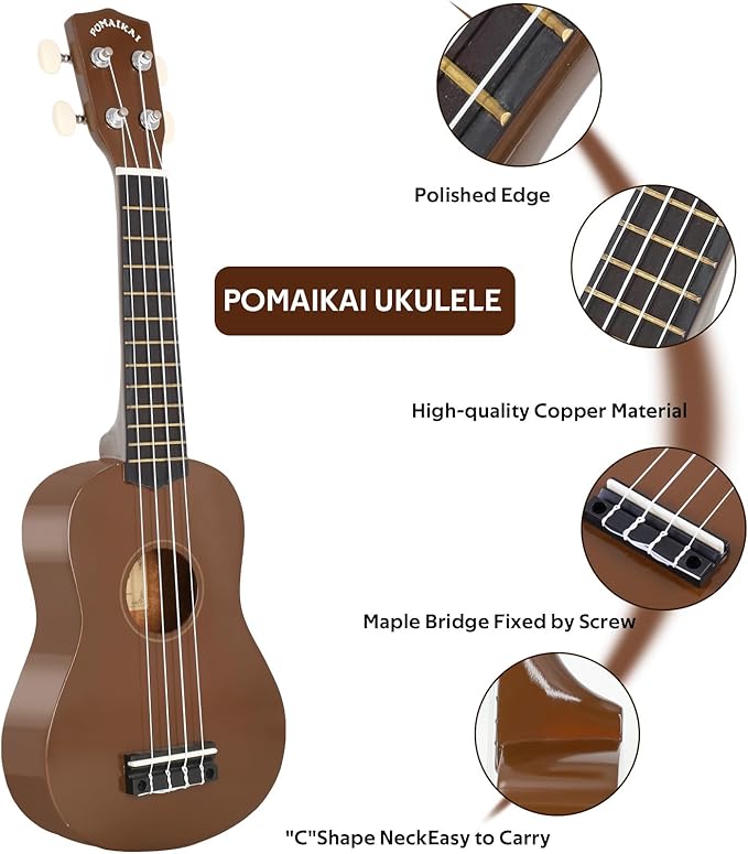 POMAIKAI Soprano Wood Ukulele Starter Ukelele Hawaii Guitar 21 Inch for Beginners and Students(Brown)