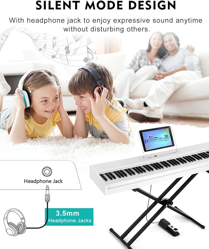 MUSTAR Digital Piano 88 Key Weighted with Stand, 88 Key Semi Weighted Keyboard Piano MEP-1000, Portable Electric Piano Keyboard 88 Keys with Bluetooth Connection, Case, Sustain Pedal, MDF, White