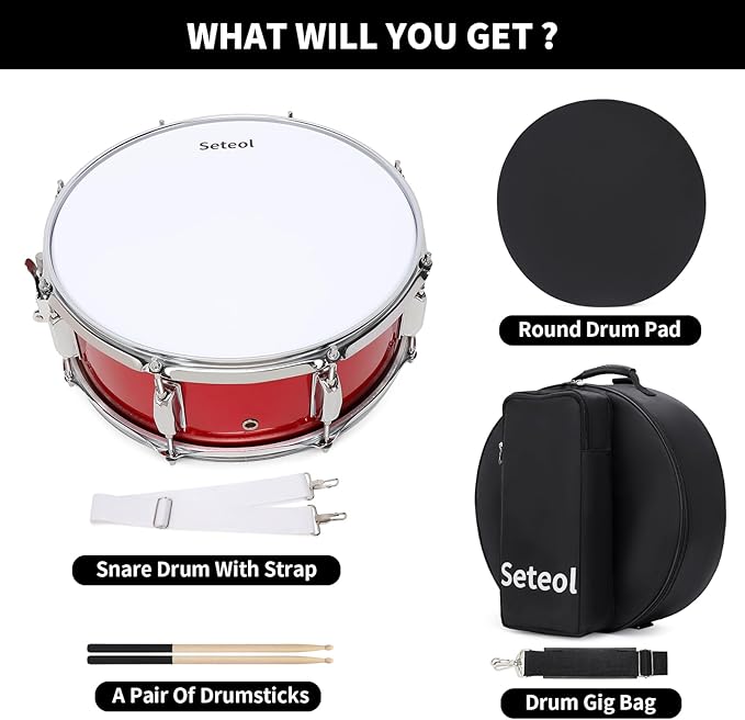 Snare Drum Kit, 14" x 5.5" Marching Snare Drum + Storage Padded Bag + Silent Mute Pad + A Pair Of 5A Drumsticks + Drums Key, Portable Drums Hardware Set for Adults Kids Student Beginners (Red)