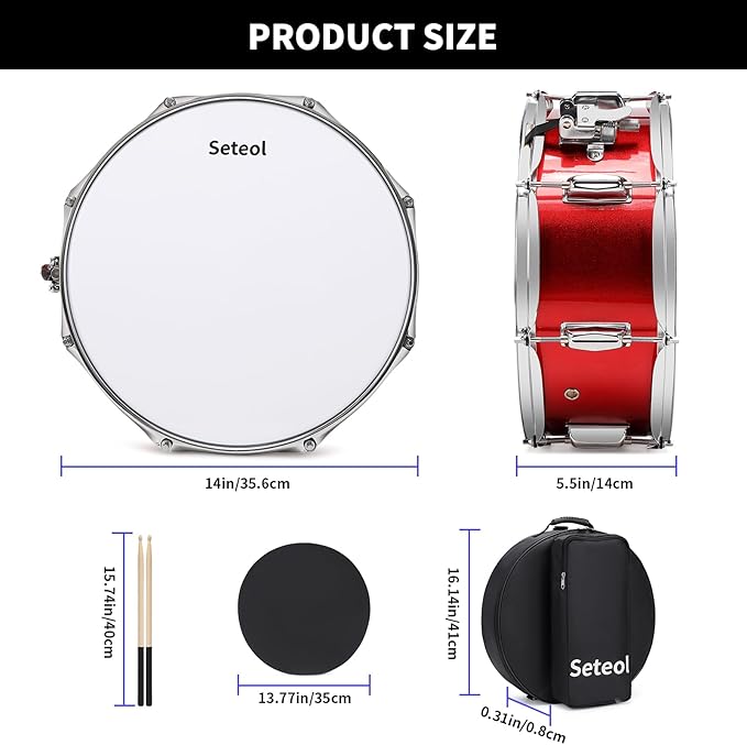 Snare Drum Kit, 14" x 5.5" Marching Snare Drum + Storage Padded Bag + Silent Mute Pad + A Pair Of 5A Drumsticks + Drums Key, Portable Drums Hardware Set for Adults Kids Student Beginners (Red)