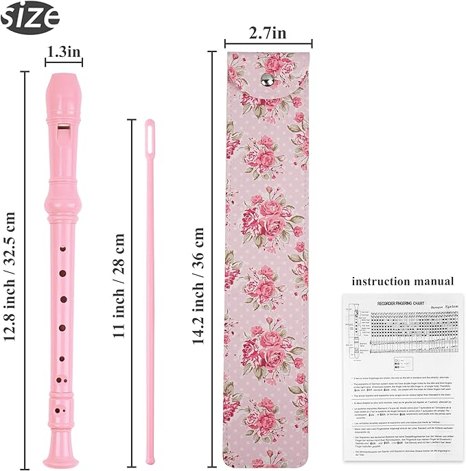 Recorder Instrument for Beginner Kids Adults,8-Hole Soprano Descant Recorder Music Flute with with Cleaning Rod & Leather Case For School Student Home Entertainment(2-Pink Rose)