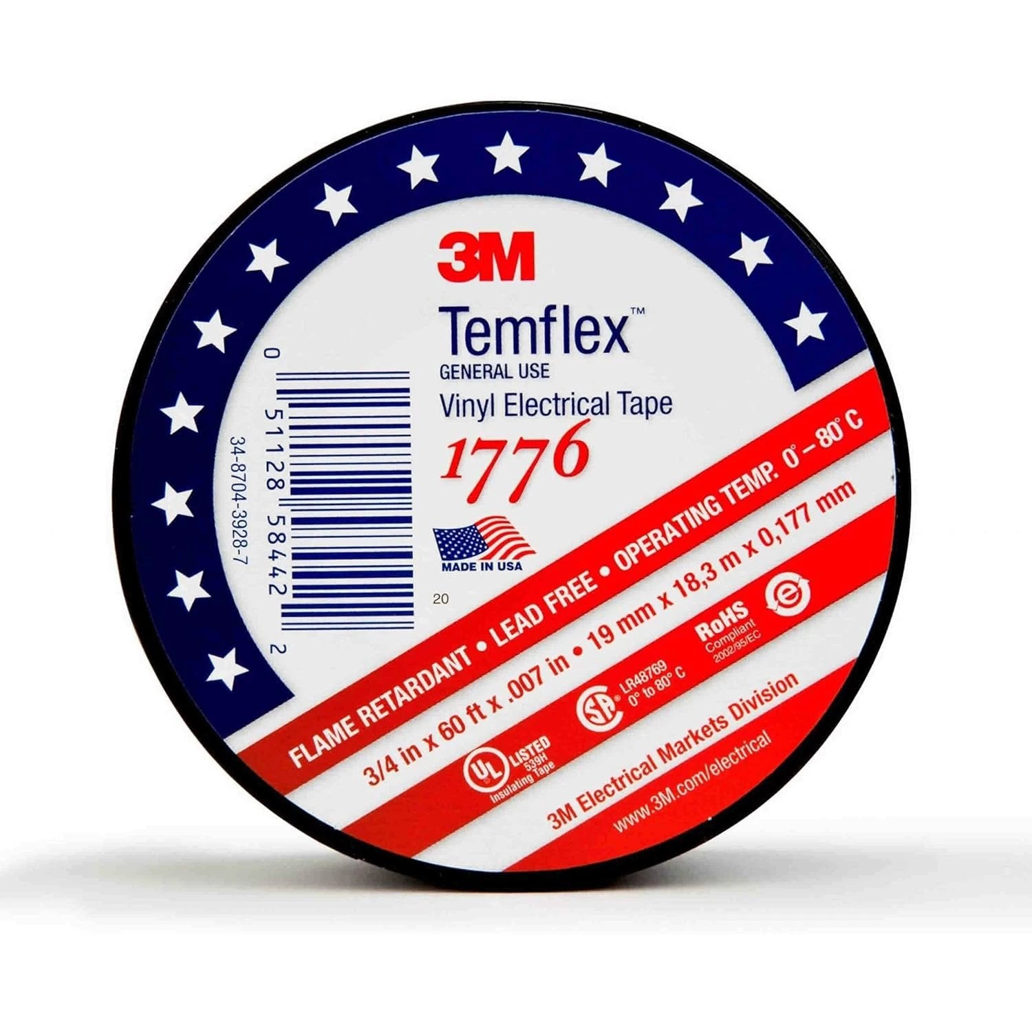 3M Temflex Electrical Tape 1776, 3/4" Wide x 60' Long, 7 mil Thick, Black
