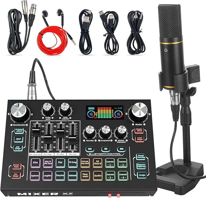 RHM Podcast Equipment Bundle with 48V Phantom Power & Condenser Microphone, 4 Customized Soundpads, 12 Preset Sound Effects, 4 Voice Changing Modes & LCD Display, for PC/Phone/Live Streaming