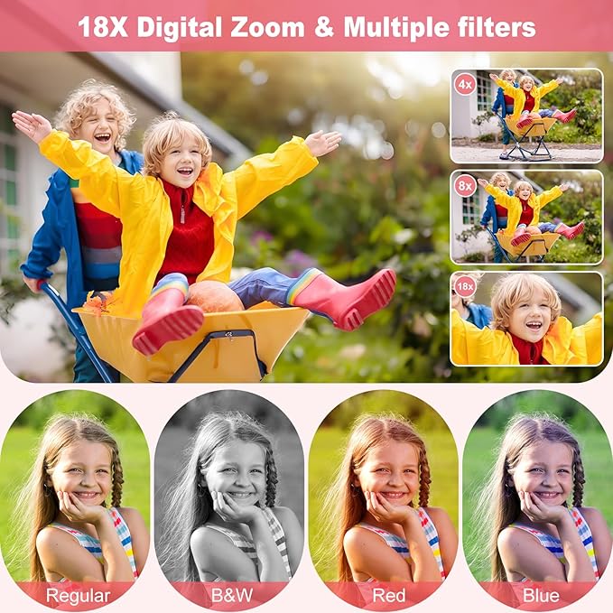 Digital Camera, 4K 64MP, 18X Zoom, Point and Shoot Digital Camera with 64GB TF Card & 2 Batteries, Portable Rechargeable Small Camera for Kids Teens Adult, Pink