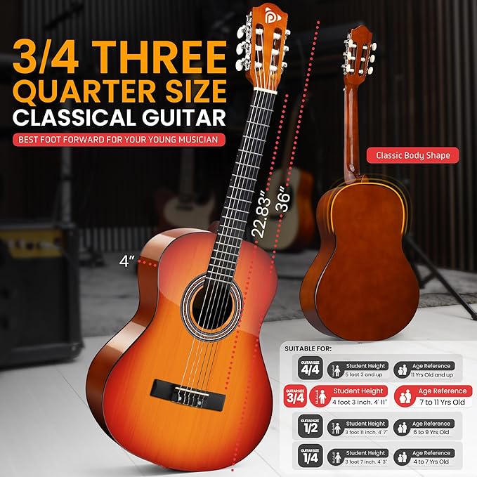 Pyle 36'' -Inch 6-String Classic Guitar-3/4 Size Scale Guitar with Digital Tuner & Accessory Kit, Sunburst, Right, 7 Cherry Burst, Gloss, 36” (PGACLS82CS.X9)