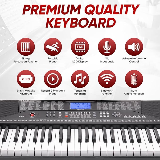 PYLE Electric Piano, Electric Keyboard Piano, Music Keyboard, 61 Keys, Bluetooth, LCD Display, Portable Design, Karaoke Function, Includes Stand, Stool, Book Rack, Headset, Perfect for Beginners