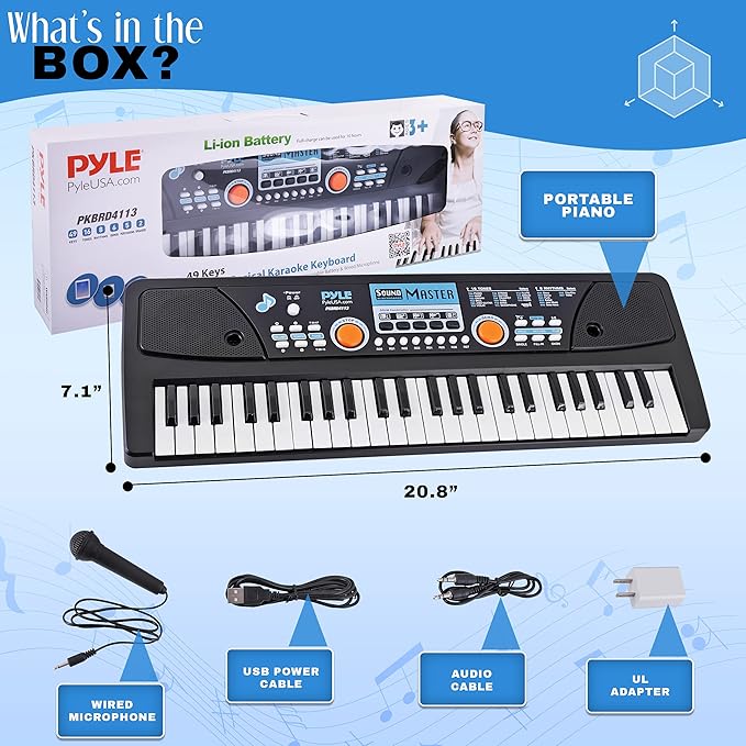 Pyle Electric Keyboard Piano - 49-Key Portable Digital Karaoke Piano with Stereo Speakers, Rechargeable Battery, and Wired Microphone for Beginners, Kids, Adults - 8 Rhythms, 16 Tones