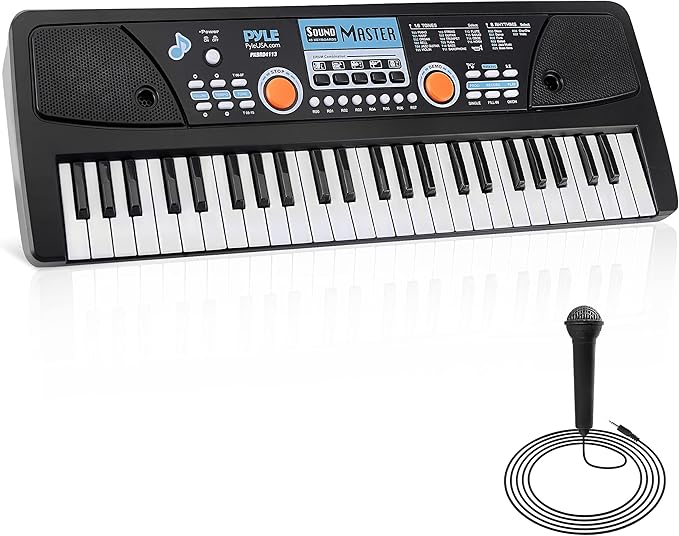 Pyle Electric Keyboard Piano - 49-Key Portable Digital Karaoke Piano with Stereo Speakers, Rechargeable Battery, and Wired Microphone for Beginners, Kids, Adults - 8 Rhythms, 16 Tones