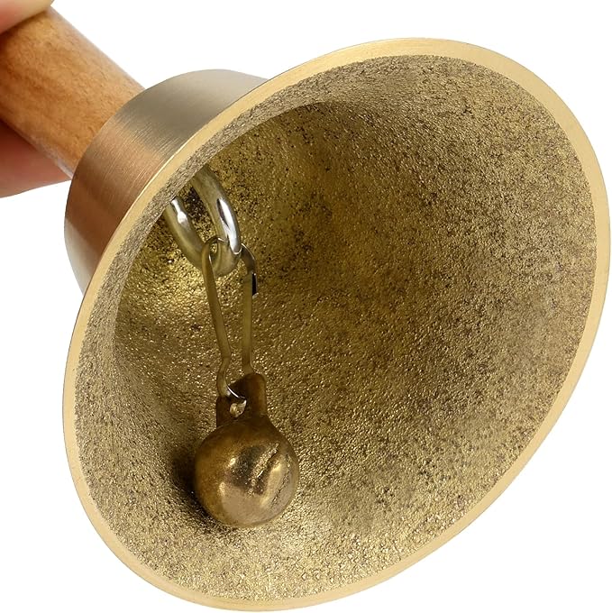 SINJEUN 4 PCS 6 Inch Brass Hand Bell, Solid Brass Hand Call Bells with Wooden Handle, Loud Ringing Bell Restaurant Call Service Bell for Christmas, School, Home, Restaurant, Bride Wedding