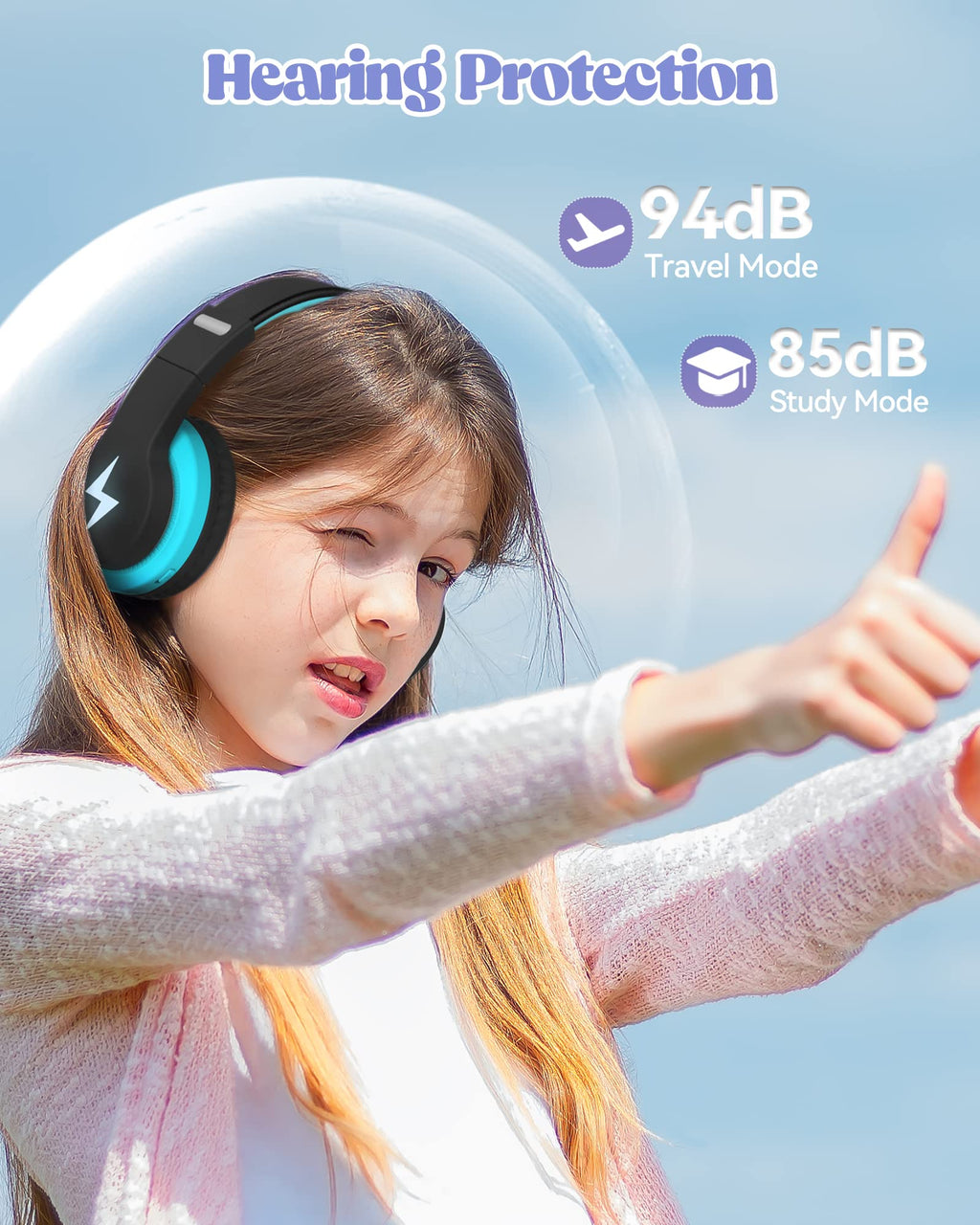 Kids Headphones, Wireless, LED Lights, Built-in Mic, Volume Limited - Blue