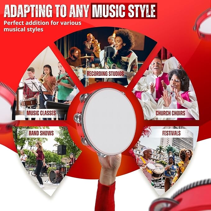 Flexzion Wood Handheld Tambourine (2 Pack) 8 Inch Double Row 12 Pair Jingles, Hand Held Percussion Drum Moon Musical Instrument with Metal Bell