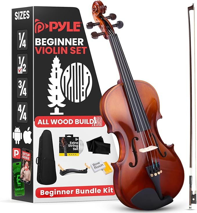 Pyle 1/2 Size Beginner Violin Starter Kit, Violin Starter Package with Travel Case & Bow, Extra Strings, Digital Tuner, Shoulder Rest & Cleaning Cloth for Students, Kids, Adults