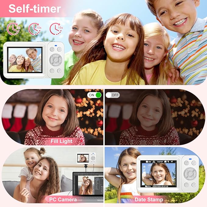 Digital Camera, 4K 64MP, 18X Zoom, Point and Shoot Digital Camera with 64GB TF Card & 2 Batteries, Portable Rechargeable Small Camera for Kids Teens Adult, White