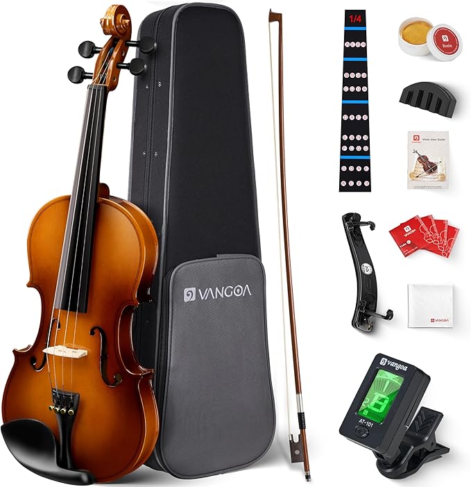 Vangoa Violin 1/4 Size for Kids Beginners Full Set, Spruce Childrens Fiddle Quarter Bundle Outfit Small Acoustic Violins Starter Kit Package w/Side Solidwood, Hard Case for School Students Ages 4-6