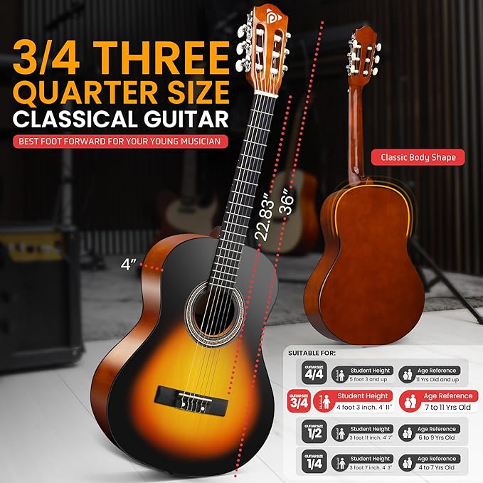 Pyle Beginner Acoustic Guitar Kit, 3/4 Junior Size All Wood Instrument for Kids, Adults, 36" Sunburst Teardrop Matte