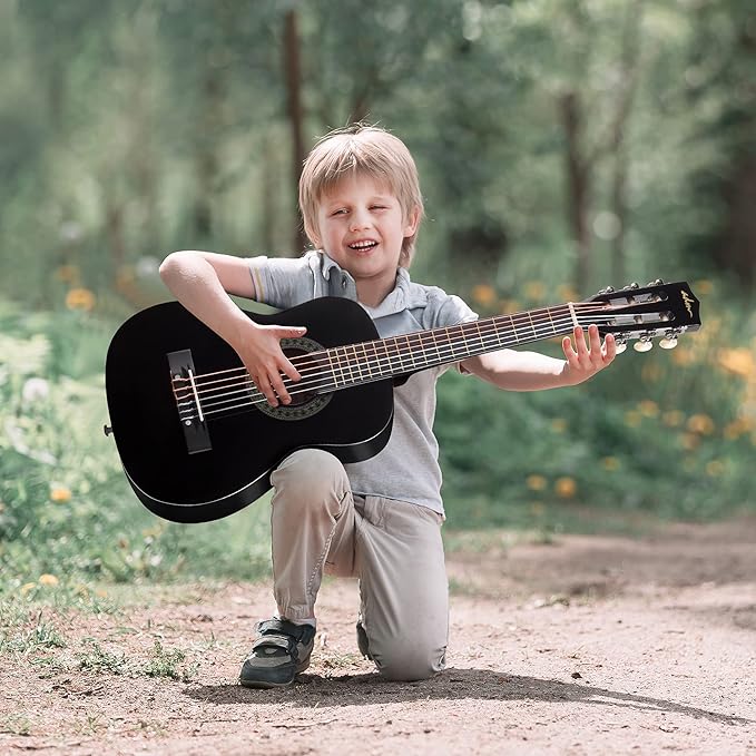 ADM Beginner Acoustic Classical Guitar 30 Inch Nylon Strings Wooden Guitar Bundle Kit for Kid Boy Girl Student Youth Guitarra Online Lessons with Gig Bag, Strap, Tuner, Extra Strings, Picks,Black 1