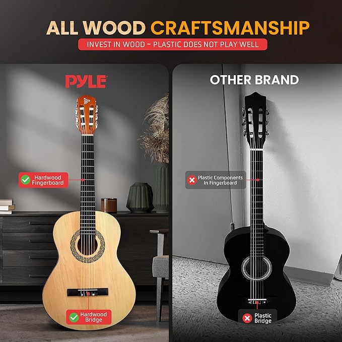 Pyle Beginner Acoustic Guitar Kit, 3/4 Junior Size All Wood Instrument for Kids, Adults, 36" Natural, Gloss