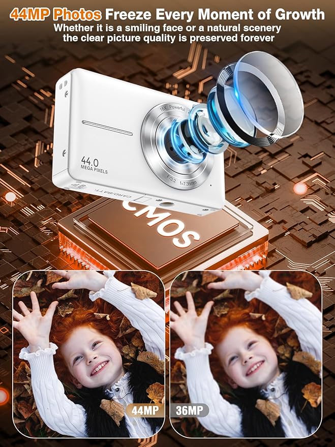 Digital Camera,FHD 1080P Kids Camera 44MP Point and Shoot Digital Cameras with 32GB Card,16X Zoom,Anti-Shake,Date Stamp,Compact Small Cameras Photography for Kids Student Teen Girl Boy(White)