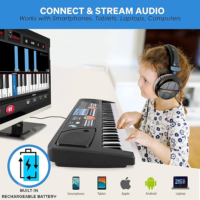 Pyle Electric Keyboard Piano - 49-Key Portable Digital Karaoke Piano with Stereo Speakers, Rechargeable Battery, and Wired Microphone for Beginners, Kids, Adults - 8 Rhythms, 16 Tones