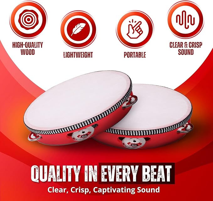 Flexzion Wood Handheld Tambourine 8" Inch Single Row 5 Pair Jingles (2 Pack, Red) - Hand Held Percussion Drum Moon Musical Tambourine with Ergonomic Handle Grip