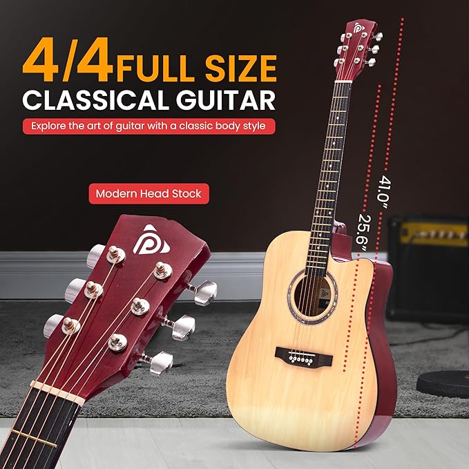Pyle 41" Acoustic Guitar Standard Full Size 6 String Dreadnought, Matte Finish with Gig Bag, Steel Strings, Picks, Strap, Capo - PGA480NT.X9