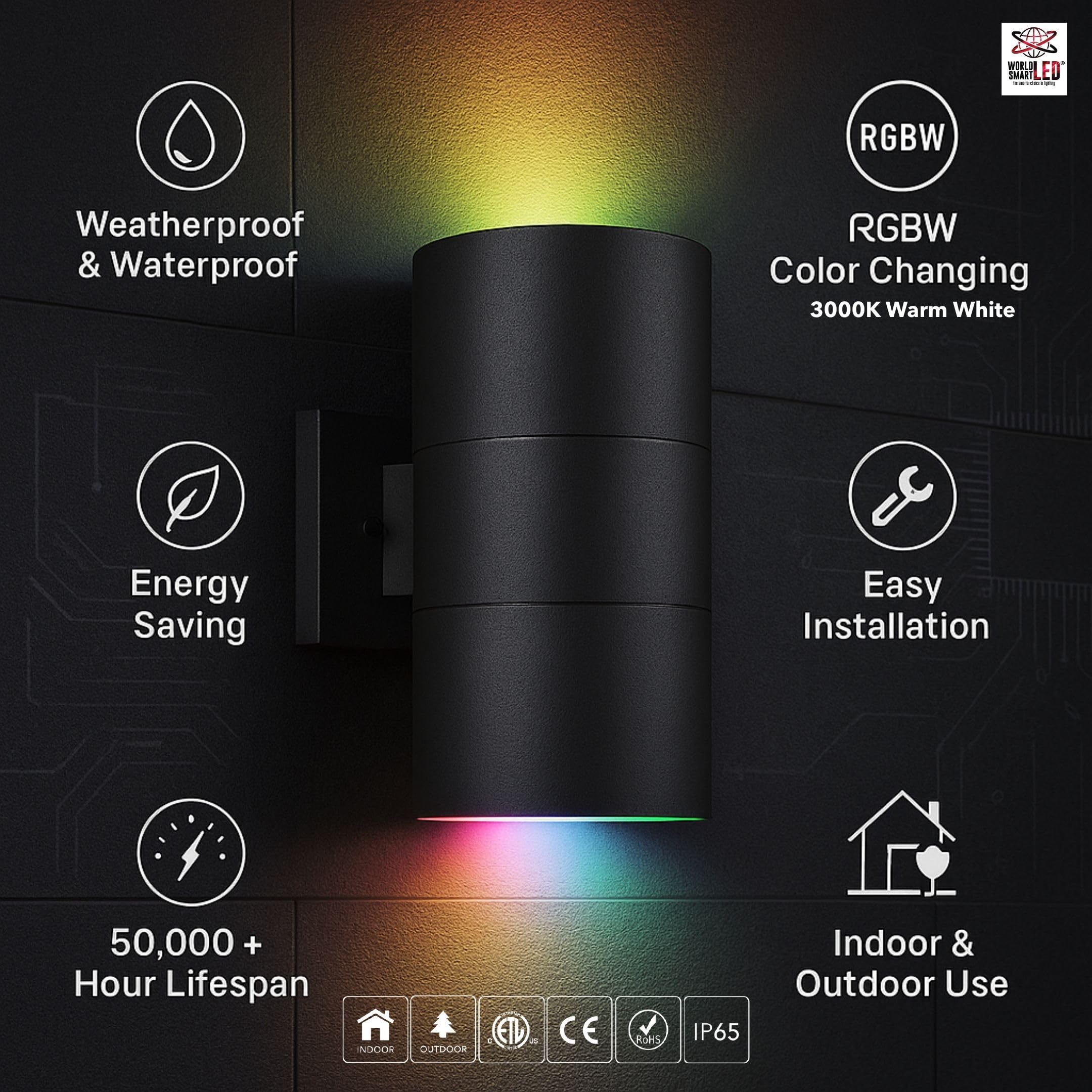 LED Up Down Light 18W RGBW 3000k | Modern Outdoor Lights for Porch Patio Light | Aluminum Cylinder and Tempered Glass Cover | Waterproof | Wall Sconce Multicolor- 2x18W RGBW (36W) Total
